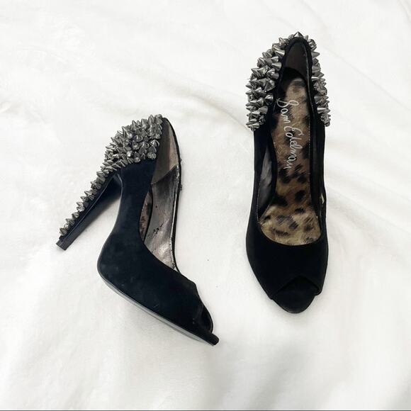 Sam Edelman Lorissa black spiked pumps open toe leather studded heels size 8 - Picture 3 of 12